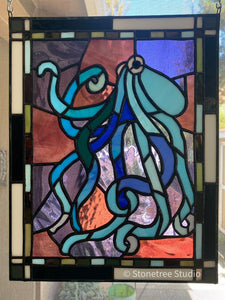 Blue and purple octopus stained glass