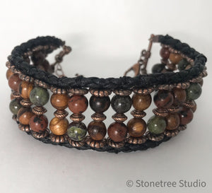 beaded bracelet in greens and browns