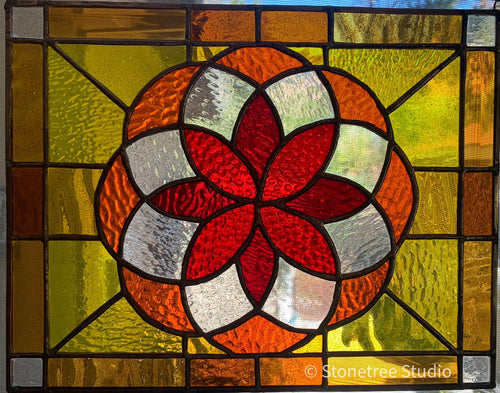 Red, yellow, orange stained glass