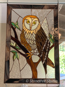 Barn Owl Stained Glass Panel